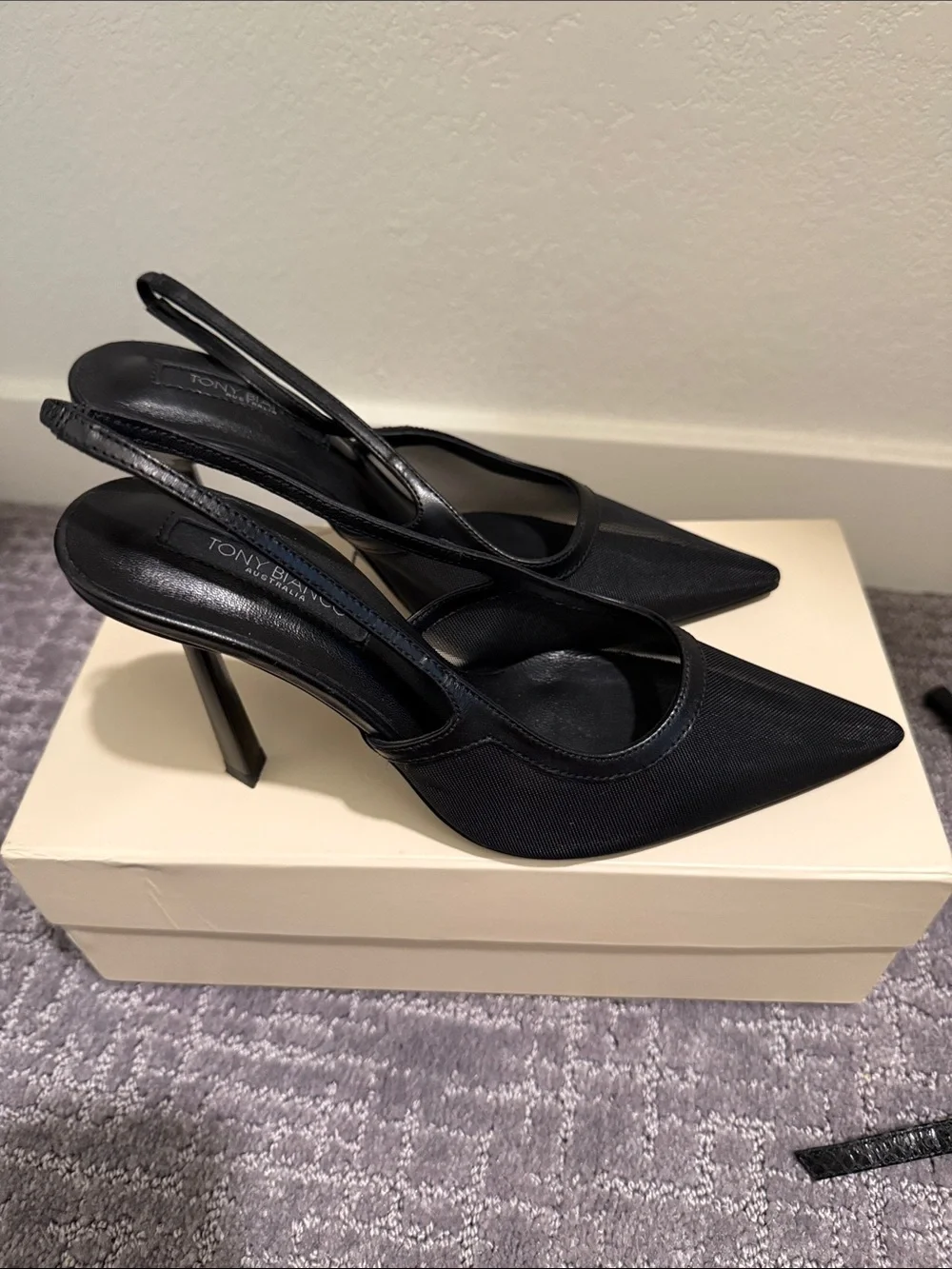 Tony Bianco Black Pointed Slingback Pumps with Thin Strap